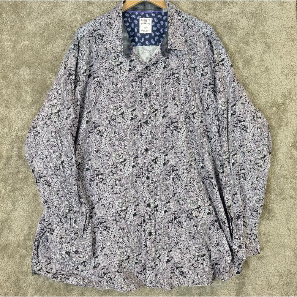 Society of Threads 4XLT Slim Fit Black Purple Paisley Button Down Shirt Men's